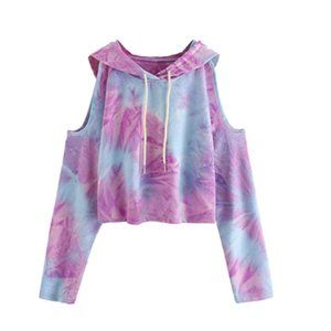 Women's Cold Shoulder Tie Dye Pullover Hoodie Crop